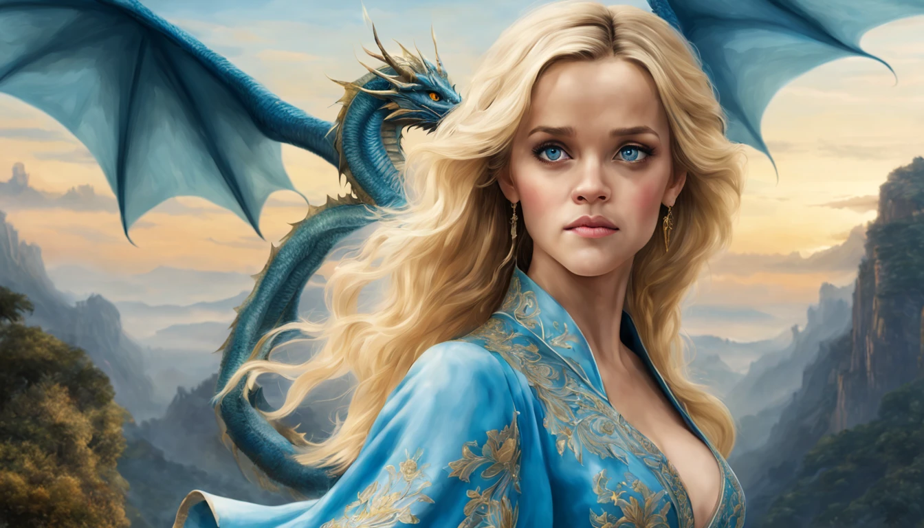 ((melhor qualidade)), ((obra-prima)), (detalhado), Empress Dragon "Reese Witherspoon", olhos realistas, cabelo preto, olhos azuis, seios pequenos, vestido Amarelo de setin koreano sensual, paisagem maligna, ethereal beauty, (Fantasy Illustration:1.3), olhar encantador, pose cativante, garota solo, charme sobrenatural, mystical sky, noite enluarada, cores suaves, (paisagem nublada detalhada:1.3), (alta resolução:1.2) (Blue dragon flying in the sky) vestido Amarelo sobre uma colina, An army passing far into a canyon below.