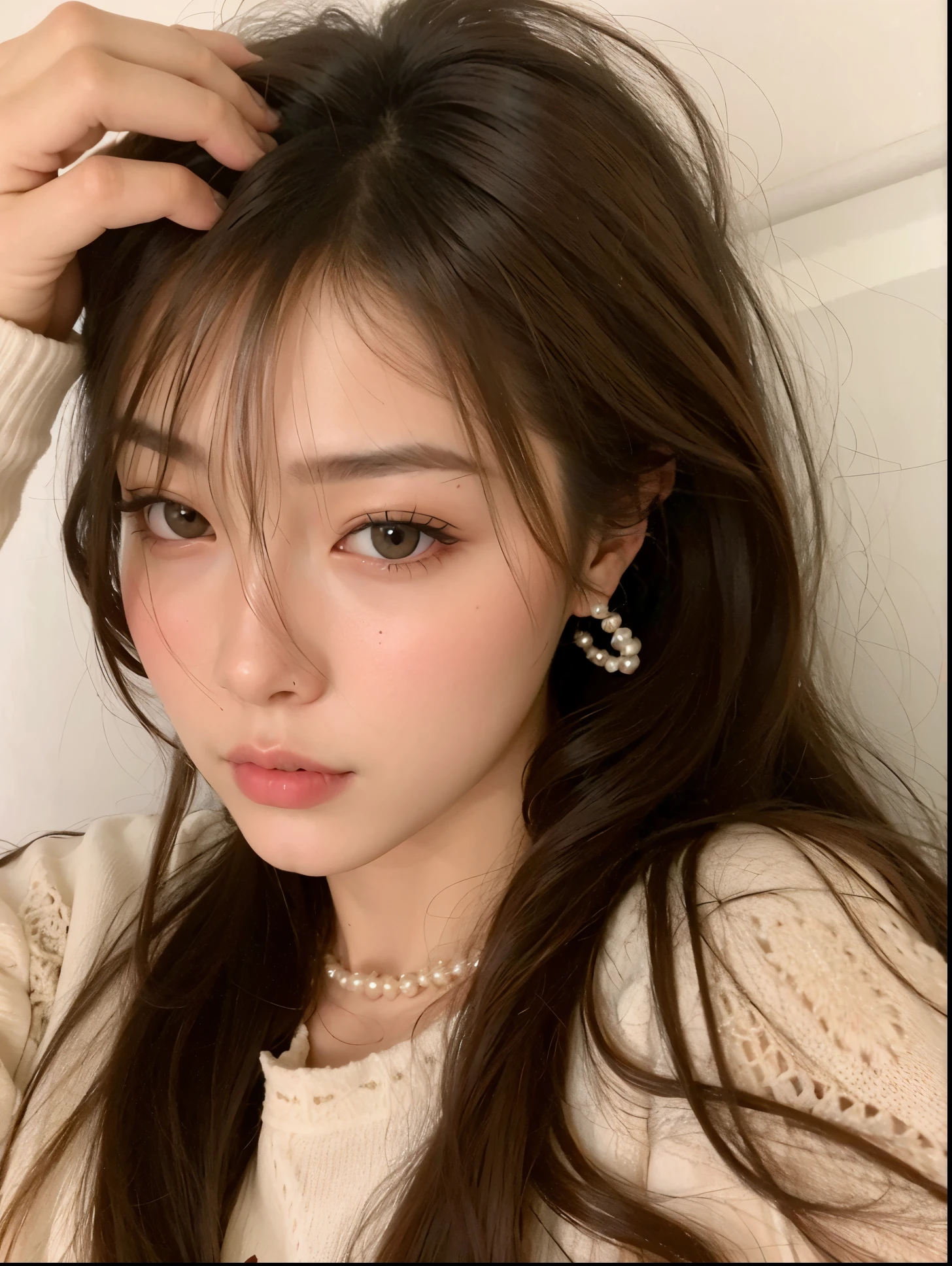 A close-up of a woman with long hair wearing a white sweater, Usando pendientes de perlas, ulzzang, Jinyoung Shin, Blackpink Jennie, Heonhwa Choe, Chica con un pendiente de perlas, Lee Ji - Eun, Lee Ji-eun, Parque Ji-min, maquillaje coreano popular, maquillaje popular de Corea del Sur, Jaeyeon Nam, Hermosa joven coreana