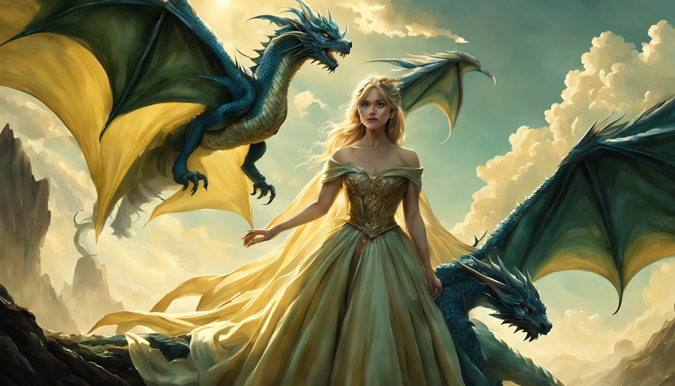 ((melhor qualidade)), ((obra-prima)), (detalhado), Empress Dragon "Reese Witherspoon", olhos realistas, cabelo preto, olhos azuis, seios pequenos, vestido Amarelo de setin koreano sensual, paisagem maligna, ethereal beauty, (Fantasy Illustration:1.3), olhar encantador, pose cativante, garota solo, charme sobrenatural, mystical sky, noite enluarada, cores suaves, (paisagem nublada detalhada:1.3), (alta resolução:1.2) (Blue dragon flying in the sky) vestido Amarelo sobre uma colina, An army passing far into a canyon below.