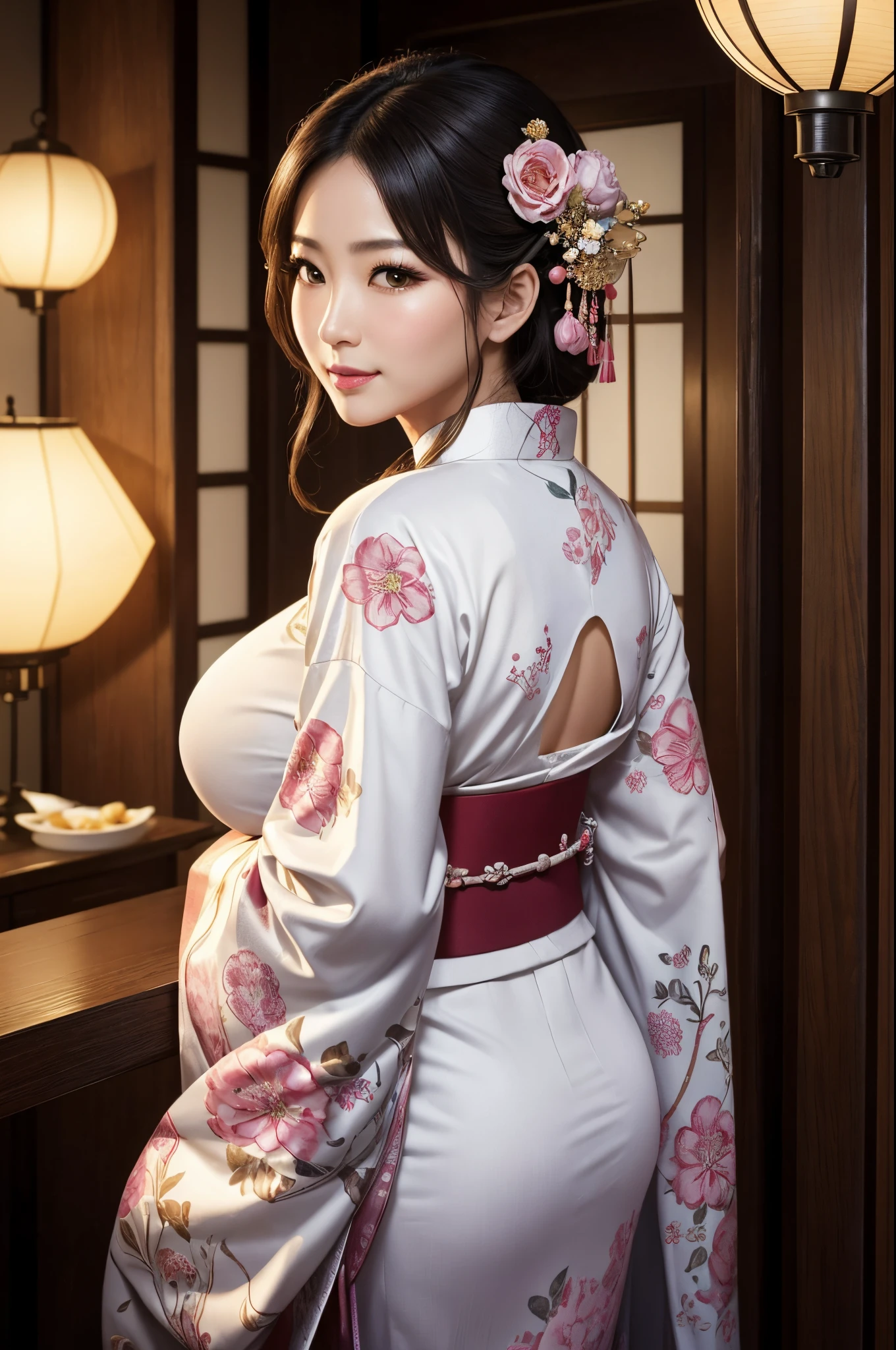 8K,Standing,big tits milf empress(​masterpiece、top-quality:1.3)、hight resolution、cowboy  shot、(ultra-detailliert)、Highly detailed portrait of a beautiful empress with big breasts、Super beauty(Like the real thing)length hair、fetal_position、[erect through]、Curvaceous、(1 milf)、((s lips))、(nase)、((Long face))、Mature、Flower tree、魅惑的、elegent、stylish、a sultry、A sexy、a smile、Look at viewers、(komono)、florals、soft makeup、textured、patterns、film like、Dynamic posture、wide Shots、 Dramatic Lighting:1.1、(gradients)、naturey、(face perfect)、outlines、foco nítido、warmth、light particules、(depth of fields)、(intricate-detail:1.2)、(highly detailed back ground)、East Asian Architecture,The charm of adults wearing kimono,florals魁(Flashy kimono)facing front,A sexy,A MILF,frontage,Mature(40 years)Standing