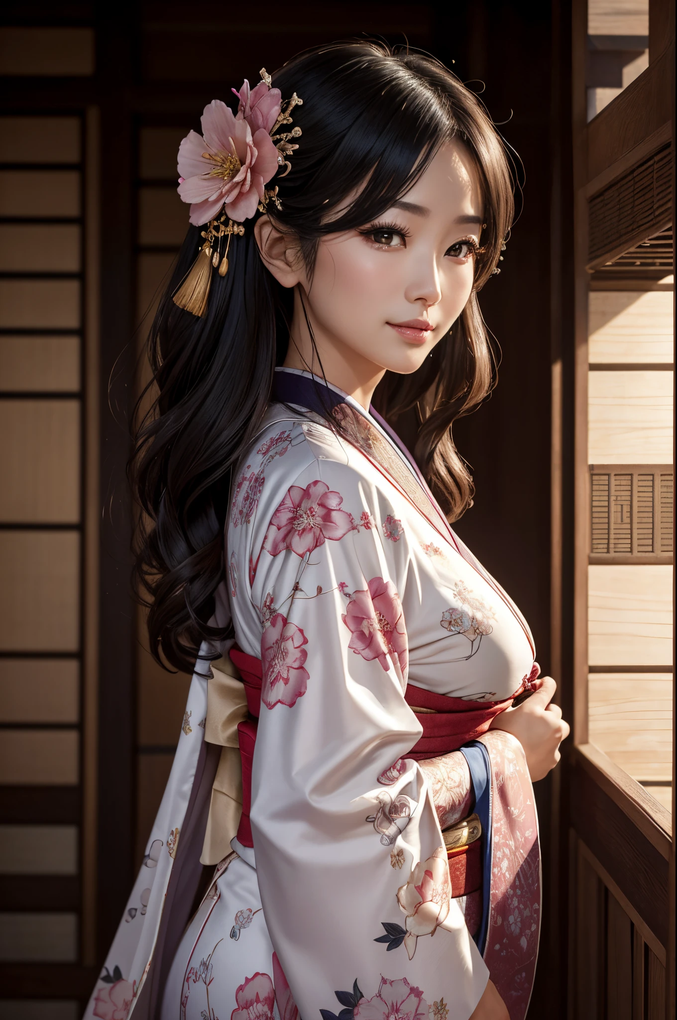 8K,Standing,big tits milf empress(​masterpiece、top-quality:1.3)、hight resolution、cowboy  shot、(ultra-detailliert)、Highly detailed portrait of a beautiful empress with big breasts、Super beauty(Like the real thing)length hair、fetal_position、[erect through]、Curvaceous、(1 milf)、((s lips))、(nase)、((Long face))、Mature、Flower tree、魅惑的、elegent、stylish、a sultry、A sexy、a smile、Look at viewers、(komono)、florals、soft makeup、textured、patterns、film like、Dynamic posture、wide Shots、 Dramatic Lighting:1.1、(gradients)、naturey、(face perfect)、outlines、foco nítido、warmth、light particules、(depth of fields)、(intricate-detail:1.2)、(highly detailed back ground)、East Asian Architecture,The charm of adults wearing kimono,florals魁(Flashy kimono)facing front,A sexy,A MILF,frontage,Mature(40 years)Standing