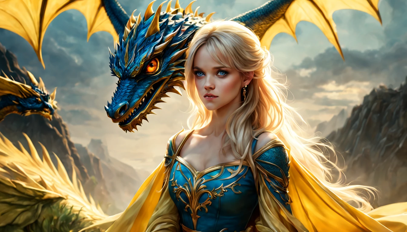 ((melhor qualidade)), ((obra-prima)), (detalhado), Empress Dragon "Reese Witherspoon", olhos realistas, cabelo preto, olhos azuis, seios pequenos, vestido Amarelo de setin koreano sensual, paisagem maligna, ethereal beauty, (Fantasy Illustration:1.3), olhar encantador, pose cativante, garota solo, charme sobrenatural, mystical sky, noite enluarada, cores suaves, (paisagem nublada detalhada:1.3), (alta resolução:1.2) (Blue dragon flying in the sky) vestido Amarelo sobre uma colina, An army passing far into a canyon below.