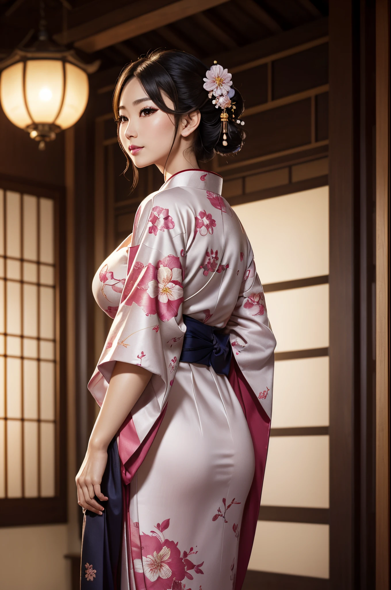 8K,Standing,big tits milf empress(​masterpiece、top-quality:1.3)、hight resolution、cowboy  shot、(ultra-detailliert)、Highly detailed portrait of a beautiful empress with big breasts、Super beauty(Like the real thing)length hair、fetal_position、[erect through]、Curvaceous、(1 milf)、((s lips))、(nase)、((Long face))、Mature、Flower tree、魅惑的、elegent、stylish、a sultry、A sexy、a smile、Look at viewers、(komono)、florals、soft makeup、textured、patterns、film like、Dynamic posture、wide Shots、 Dramatic Lighting:1.1、(gradients)、naturey、(face perfect)、outlines、foco nítido、warmth、light particules、(depth of fields)、(intricate-detail:1.2)、(highly detailed back ground)、East Asian Architecture,The charm of adults wearing kimono,florals魁(Flashy kimono)facing front,A sexy,A MILF,frontage,Mature(40 years)Standing