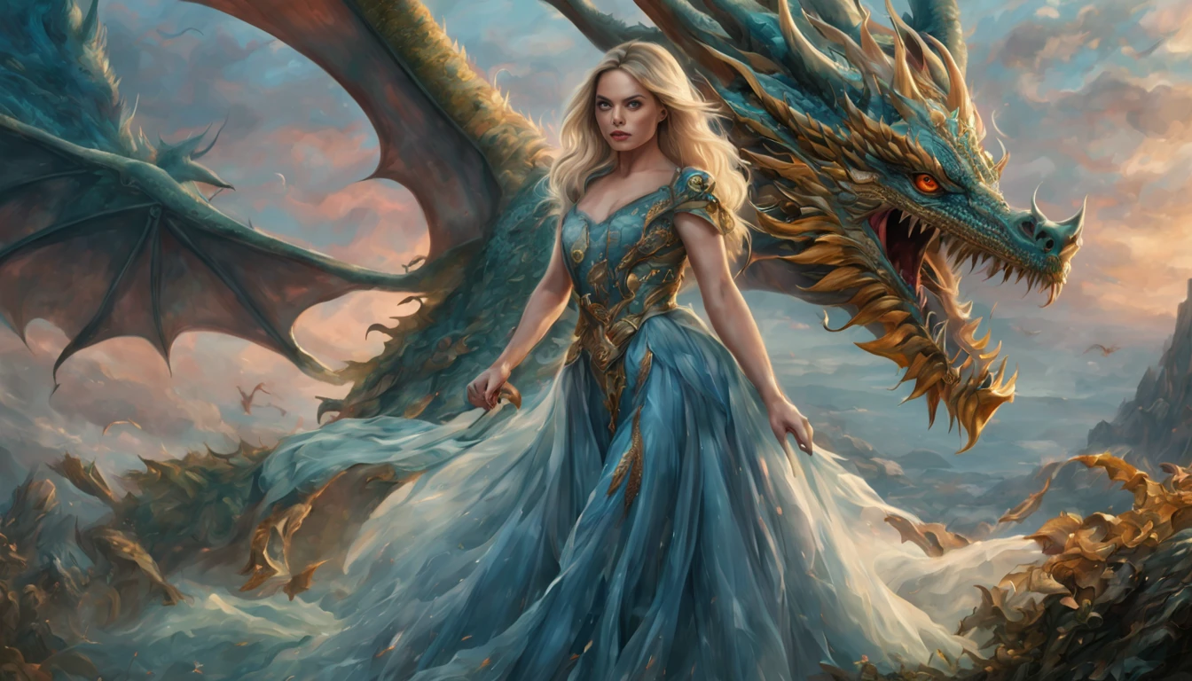 ((melhor qualidade)), ((obra-prima)), (detalhado), Empress Dragon "Margot Robbie", olhos realistas, cabelo preto, olhos azuis, seios pequenos, vestido vermelho de setin koreano sensual, paisagem maligna, ethereal beauty, (Fantasy Illustration:1.3), olhar encantador, pose cativante, garota solo, charme sobrenatural, mystical sky, noite enluarada, cores suaves, (paisagem nublada detalhada:1.3), (alta resolução:1.2) (Blue dragon flying in the sky) vestido vermelho, sobre uma colina, An army passing far into a canyon below.