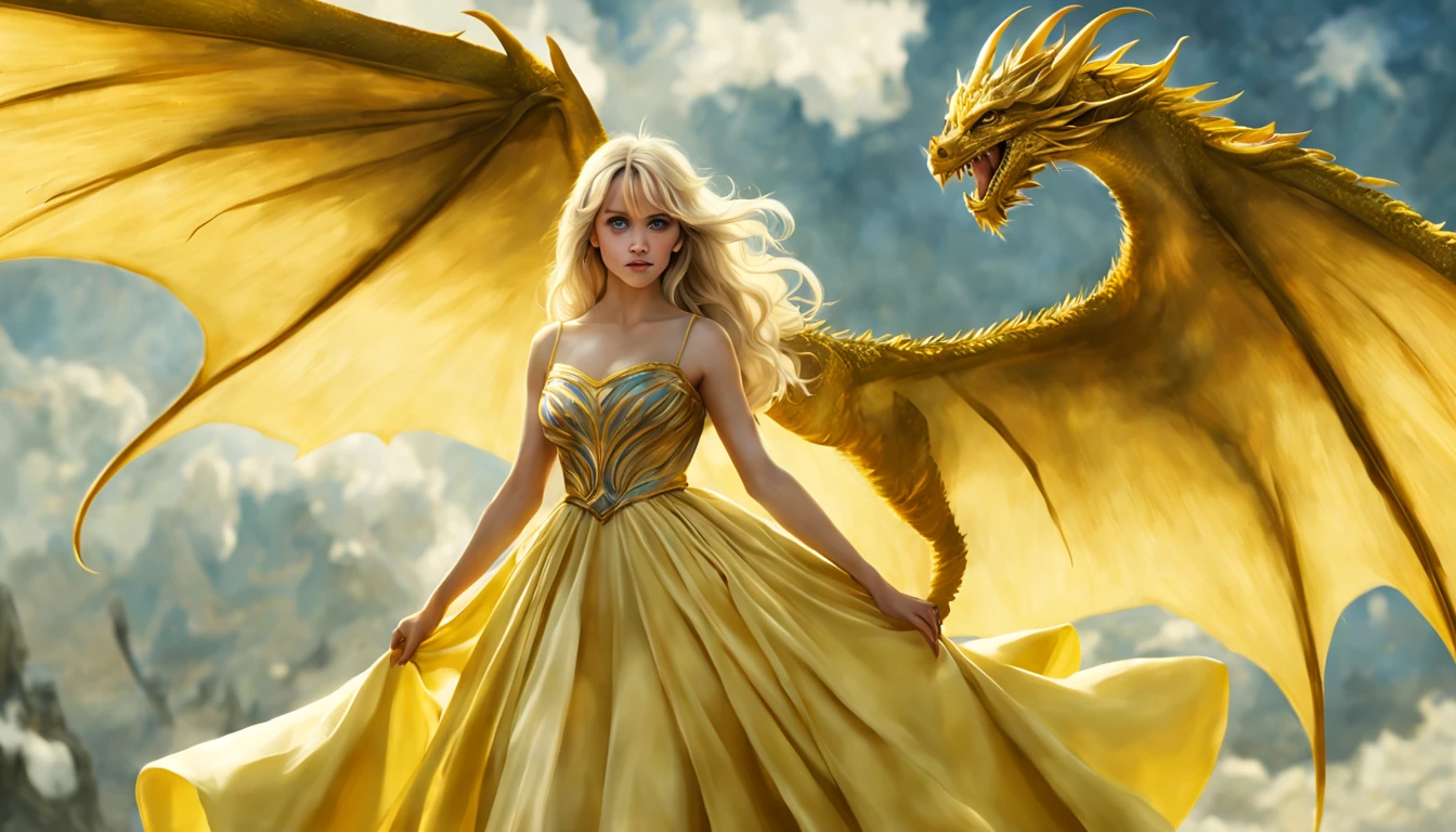 ((melhor qualidade)), ((obra-prima)), (detalhado), Empress Dragon "Reese Witherspoon", olhos realistas, cabelo preto, olhos azuis, seios pequenos, vestido Amarelo de setin koreano sensual, paisagem maligna, ethereal beauty, (Fantasy Illustration:1.3), olhar encantador, pose cativante, garota solo, charme sobrenatural, mystical sky, noite enluarada, cores suaves, (paisagem nublada detalhada:1.3), (alta resolução:1.2) (Blue dragon flying in the sky) vestido Amarelo sobre uma colina, An army passing far into a canyon below.