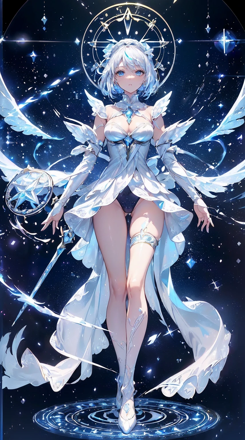 (((masterpiece))), (((highest quality))), ((ultra-detailed)), ((super fine illustration)), ((ultra-fine painting)), (upper body:1.2), (Highly detailed and delicate illustration style:1.45), detailed skin texture, detailed metal texture, detailed cloth texture, extreme detailed description, (T-masterpiece), (highly detailed face), original, raw photo, professional, Intricate details, super details, intricate ornament details, perfect anatomy, (sexy), (sexy), real, (Solo), ((A very beautiful and intelligent mechanized angel girl who is the head court mage)) BRAKE Beautifully shaped small breasts, Beautifully shaped small buttocks, (Very detailed and delicate beautiful shiny silver hair that shines in rainbow colors, colorful hair:1.2), (Beautiful clear blue eyes that shine with great detail and delicate:1.2), (beautiful hands and fingertips:1.2) BRAKE ((sophisticated mechanism:1.4))Smooth and menacing design, (Highly detailed and delicate large pearl white Sleek symmetrical mechanical wings:1.4), ((A highly detailed and delicate ice and thunder magic divine mechanical armor dress that shines in sapphire blue and pearl white exclusively for the head court mage:1.3)), (Symmetrical Wings:1.2) BRAKE concept-art, Detailed science magic fantasy art, (Battle Pose), (chanting a spell:1.2), ((Highly detailed and cool Attack Magic Casting Pose)) BRAKE (Highly detailed and delicate magic circle:1.4), (Highly detailed and delicate starry sky:1.2), (Highly detailed and delicate Crystal of snow and lightning background:1.3), other world, No robot, (Geometric patterns, vivid color background:1.5), (colorful confetti:1.15), (8K highest quality wallpaper:1.5), (Highly detailed and delicate background:1.2) BRAKE (NSFW) BREAK