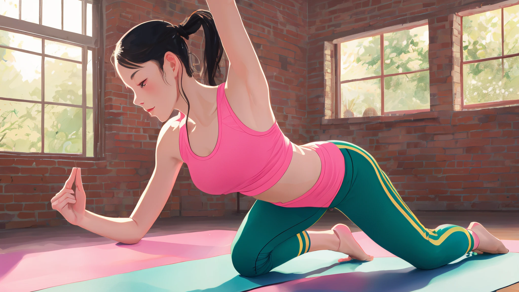 A vibrant and dynamic digital illustration depicting a person engaging in various types of physical fitness activities, such as stretching and yoga poses. The illustration showcases the importance of flexibility in a visually appealing way, with bold colors and energetic lines. Inspired by the style of artist Audrey Kawasaki, the scene evokes a sense of movement and vitality. The color temperature is warm and inviting, with the facial expression reflecting determination and focus. The lighting is bright and natural, enhancing the overall atmosphere of wellness and positivity. --auto --s2