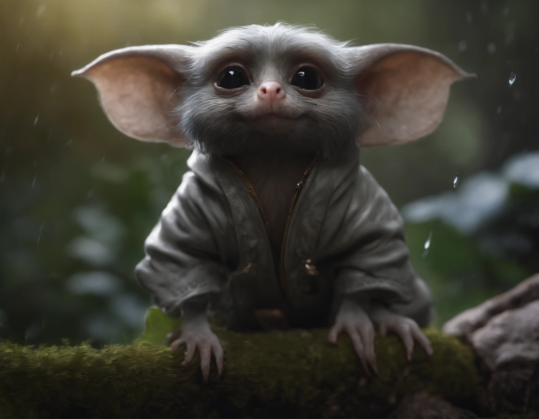 Little male gremlin, looks like a fluffy mole in a jacket,large ears, elongated nose,,light silver fur, rain is dripping, крот-gremlin ловит капл ст🤣🤣 движение,(CBZBB:1.25), ((gremlin),Zhkute, Beautiful, Fantasy art, deviant art, trending artstation, Digital Art, Detailed, Realistic, Cinematic shot, Filmic, dark fantasy style, John Tolkien style,