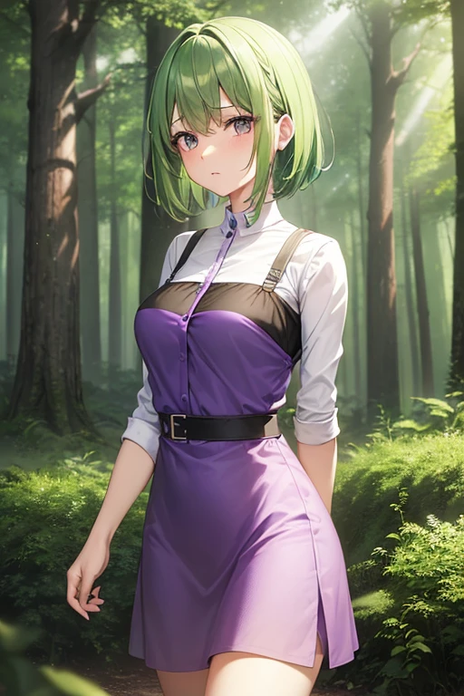 solo, 1girl, seductive smile, green hair, french braid, heavy fringe, dark green eyes, Blouson_dress - This is a dress with a fitted/clinched waist which will cause the top portion to have a billowing effect., haunted library, polar ice cap, chiaroscuro, sunbeam, fairytale, surreal, mystical <lora:naomura_tooru_style_v01:0.75>