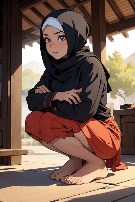 A barefoot, beautiful hijabi woman squatting,wearing modest clothes.