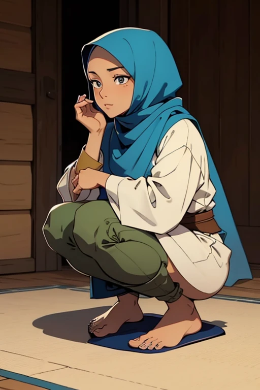 A barefoot, beautiful hijabi woman squatting,wearing modest clothes.