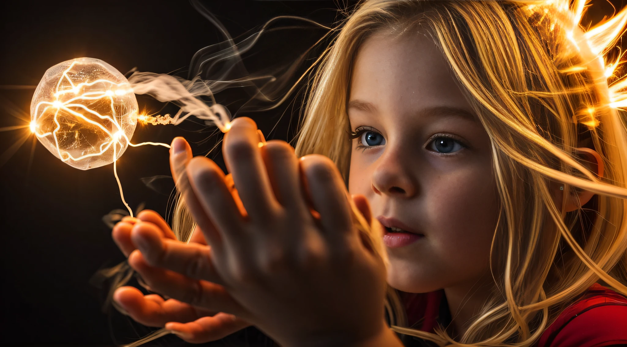 a close-up of a blonde with long hair, BIG BALL OF electrified ICE IN HANDS. FUMO DIABO VERMELHO.
