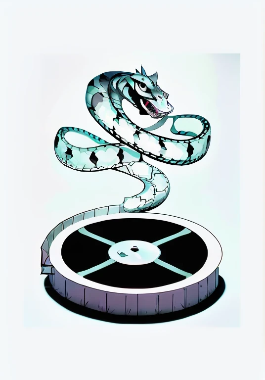 Before a dark background of a projection room of a cinema, a film shows up rising up from a reel as a cobra would to, with a snake headed point. Dark colorfull picture of a dark room, with pastel tones.