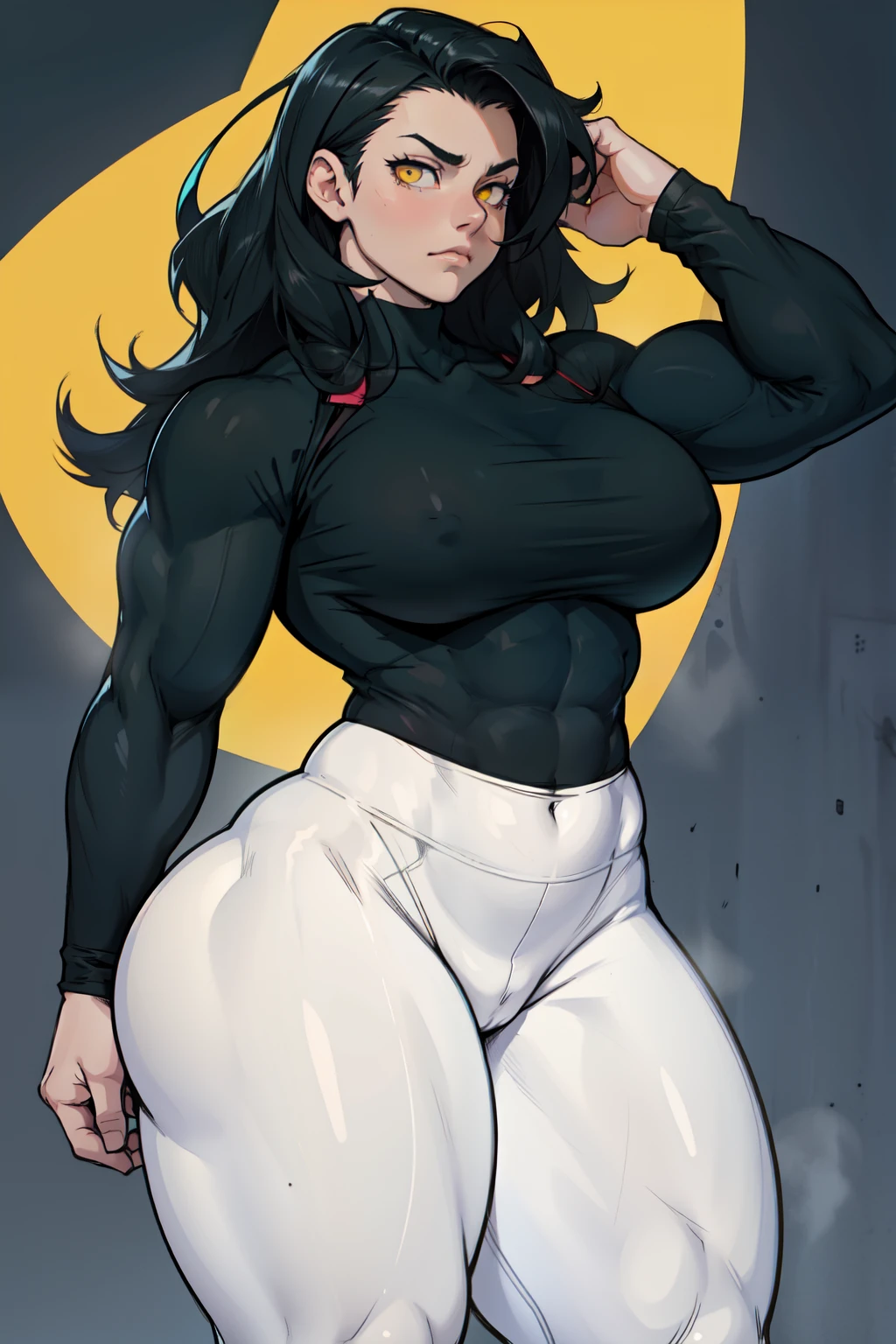 sad girl muscular muscular muscular breasts breasts breasts thick thick thick thick black hair yellow eyes pale skin pale skin thick thick thick leggings tight shirt long sleeve dark atmosphere thick thick thick thick thick thick muscular simple background