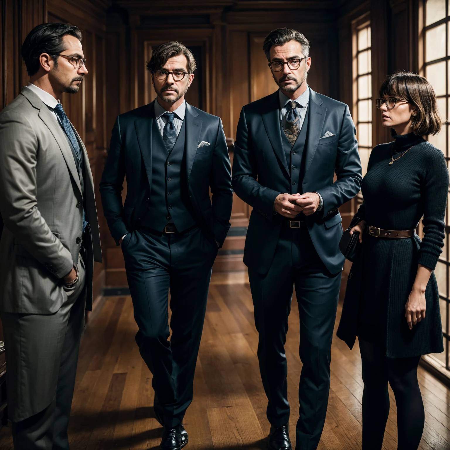 Three detectives, each with their own unique style and approach, gather in an ancient room to discuss their latest case. The woman, with her sharp wit and keen eye for detail, leads the conversation while the two men just wearing glasses and listen intently, ready to offer their own insights. ultra realistics, high detail, cinematic vibes