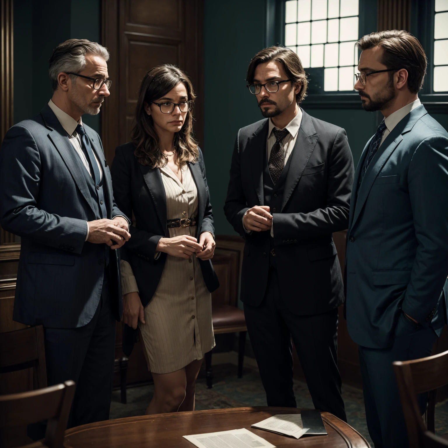 Three detectives, each with their own unique style and approach, gather in an ancient room to discuss their latest case. The woman, with her sharp wit and keen eye for detail, leads the conversation while the two men just wearing glasses and listen intently, ready to offer their own insights. ultra realistics, high detail, cinematic vibes