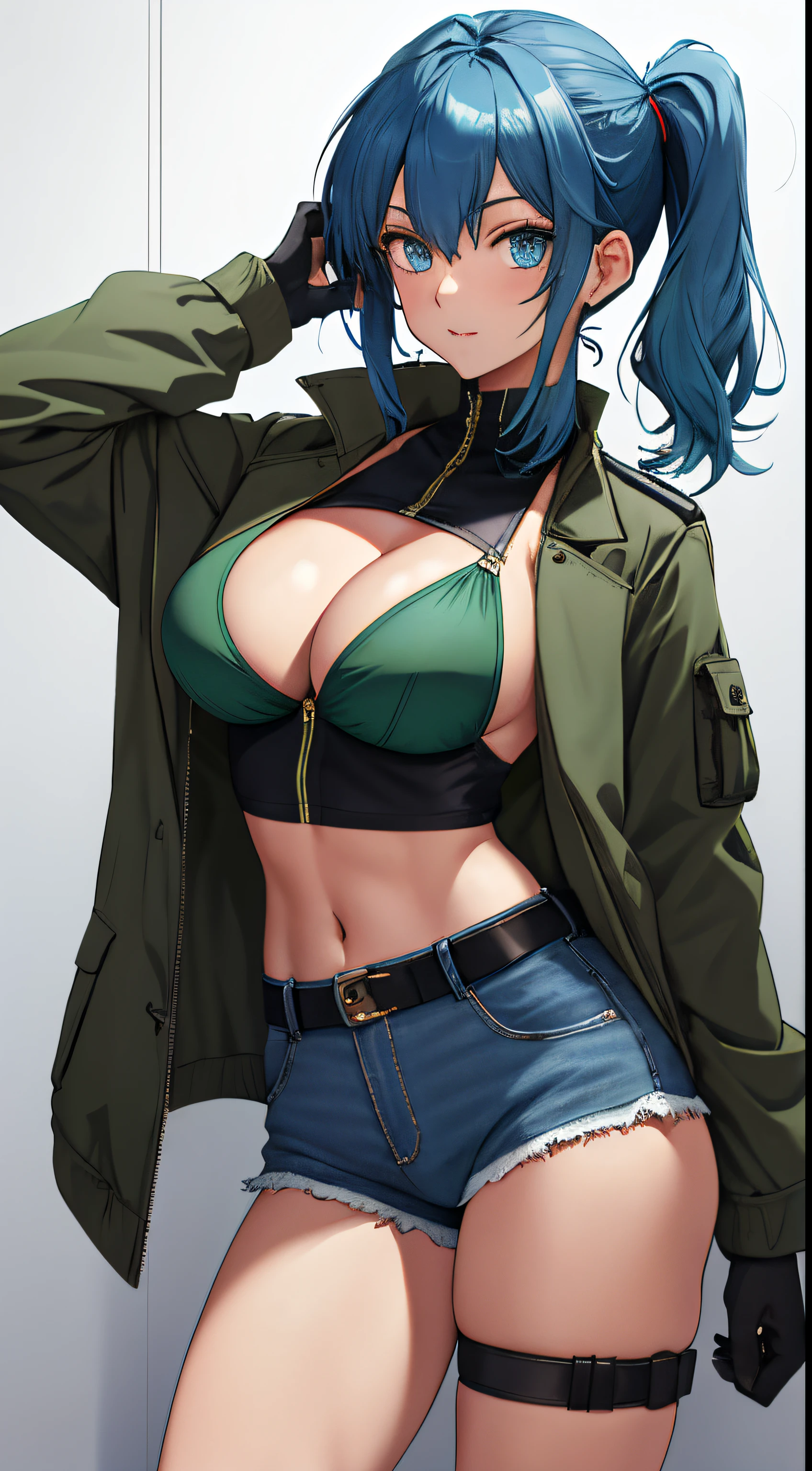tmasterpiece,, Best quality at best, A high resolution, 1girll, Leona Hydorn, Blue hair, eBlue eyes, pony tails, green shorts, cleavage,hason, Crop top, Black gloves, nedium breasts, army suit, Green jacket, 耳Nipple Ring, jewelry, nabel, musculature, cow boy shot,