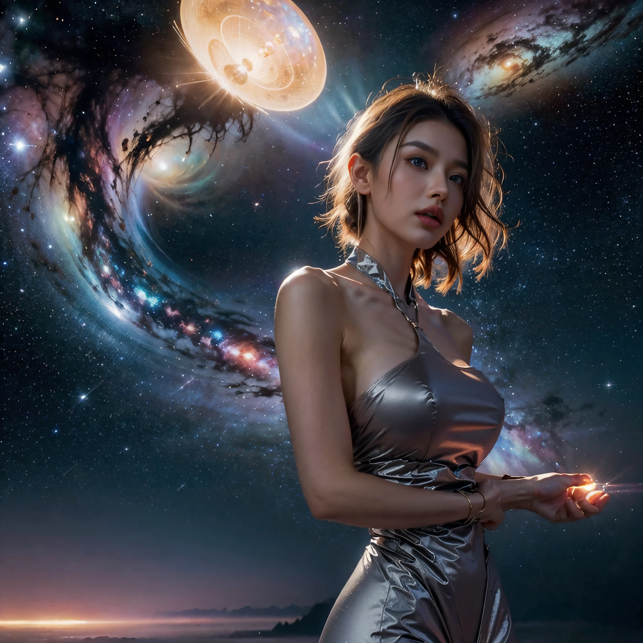 (Best quality,4K,8K,A high resolution,tmasterpiece:1.2),ultra - detailed,(actual,realistically,realistically:1.37),sporty attire,eBlue eyes,White hair,Curly-haired beauty,Her figure is the golden ratio of the human body,Fair and flawless skin ，kosmos,Interdimensional Traveler,Glowing blue portal in the background,glistening stars,galaxias,The space-time continuum,Cosmic dust floats around her,celestial glow,EtherealBeauty,with a calm expression,captivatinggaze,Interstellar Travel,Colored nebulae,dreamlike landscapes,otherworldly beauty,undying,vibrant with colors,vibrant tones,Lighting light,in pastel shades,Artistic creation,masterful brushstrokes,enchanting atmosphere,Surreal atmosphere,harmonious color palette,Cosmic energy flows through her,The body radiates light and energy,Wonderful atmosphere,otherworldly beauty,Enchanting aura,Universe secrets revealed.