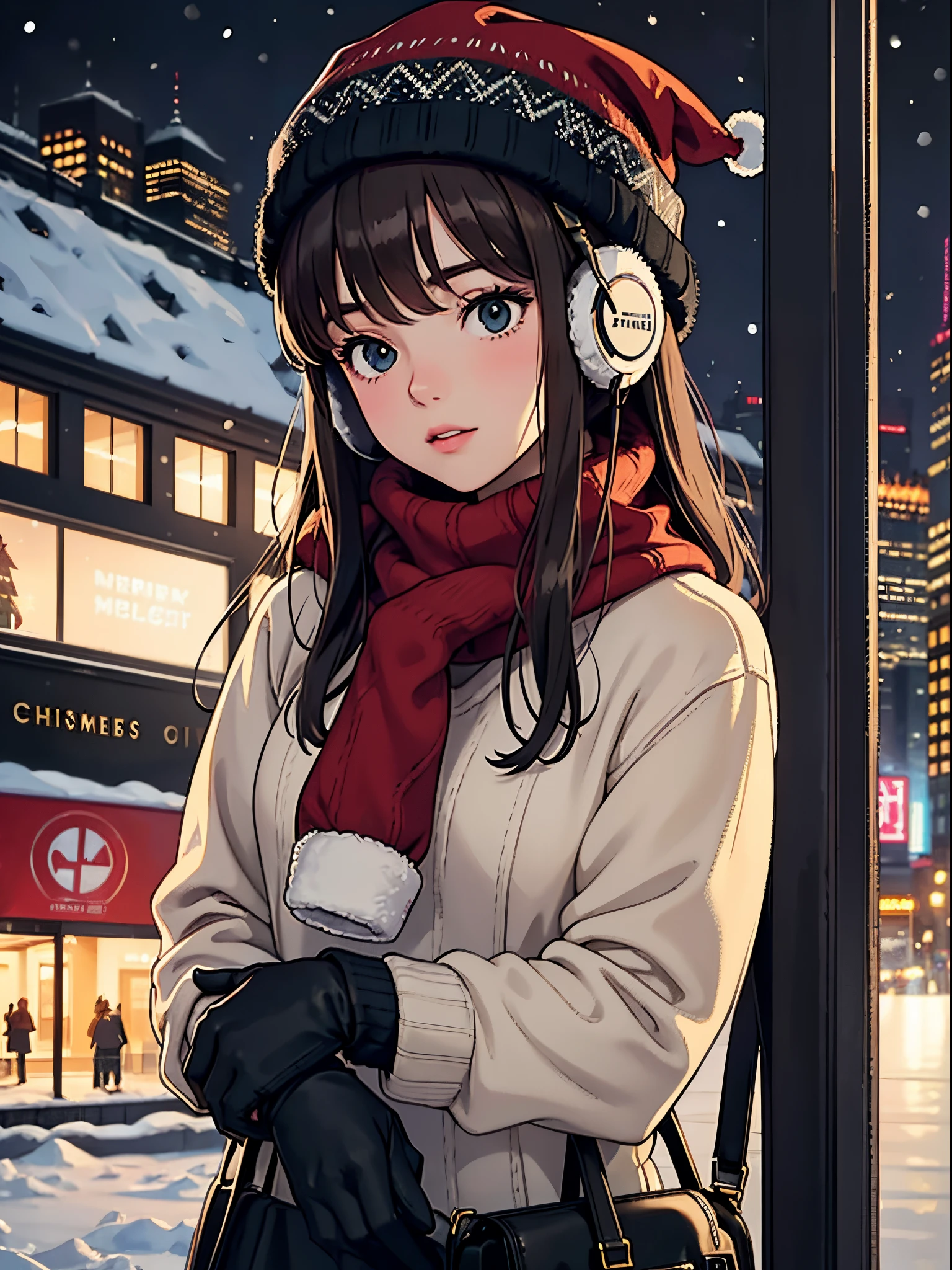 lofi relaxed one brunette girl with headphones, winter night, it's snowing a lot. beautiful winter landscape of New York Rockefeller Center with huge (Christmas trees). travel. tourist. christmas sweater, winter hat. long hair. cold breath.