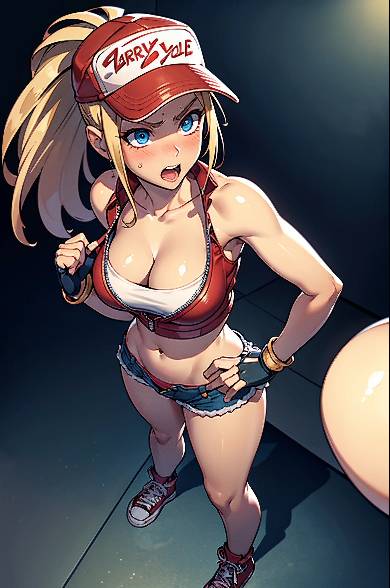 (masterpiece), best quality, expressive eyes, perfect face, highres, (8k), (perfect face), (ultra details), 1 girl, solo, terry bogard girl, blonde hair, ponytail, blue eyes, long hair, baseball cap, fingerless gloves, denim shorts, shoes, blushing, anguished, open-mouthed, open-mouthed, room background, standing, portrait, looking at the viewer