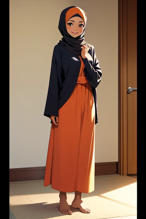 A barefoot, beautiful hijabi woman standing,wearing modest clothes, looking happy.