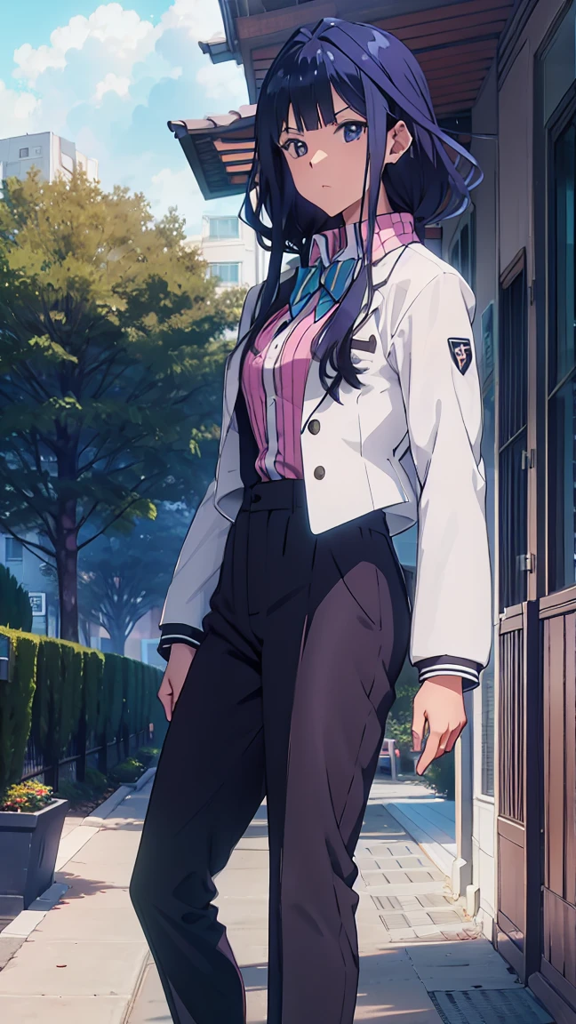 Anime girl in a white jacket and black pants standing on a sidewalk ...