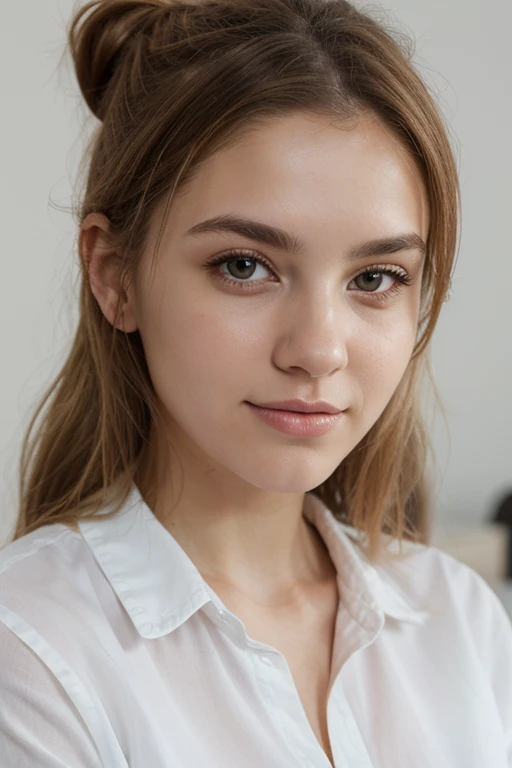 On the table、highest quality、A high resolution、Eleonora Pavinato, 23years old, Young headshot in the room sweeter z dużym dekoltem beautiful girl blonde bun hair oczami sekswina, sendada nlakama,Wear a white shirt,Work photos,frontage,closeup of face