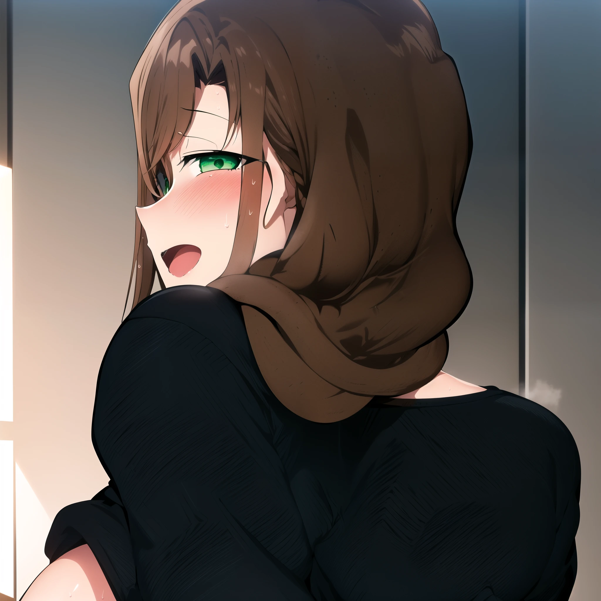 master piece, 1girl, solo, long hair, looking at viewer, blush, open mouth, huge breasts, happy, brown hair, black shirt, long sleeves, green eyes, upper body, sweat, looking back, indoors, clothes lift, from behind, black shirt, detailed eyes, braid, hair over shoulder