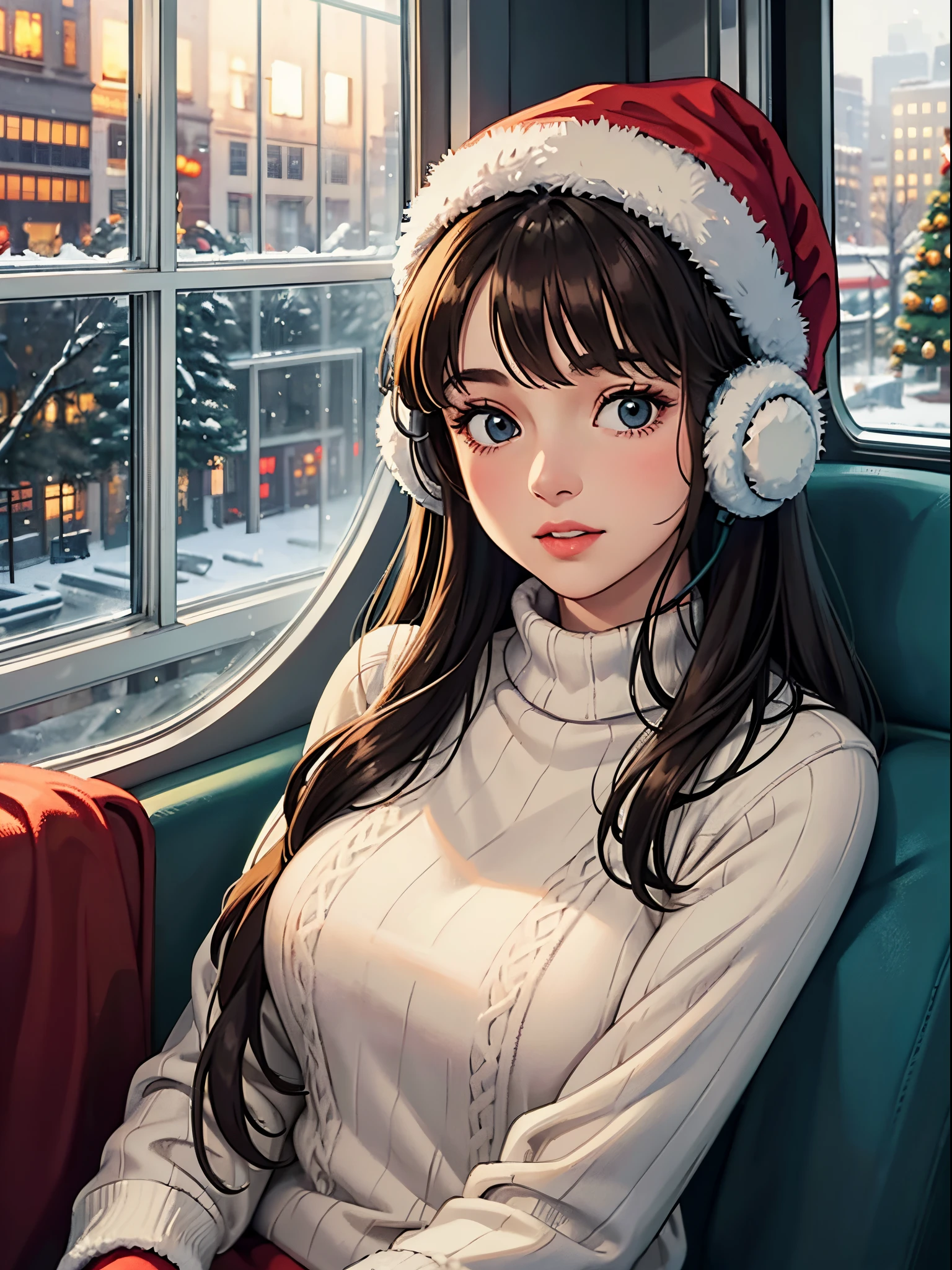 lofi relaxed one brunette girl with headphones drives inside bus, looks through window, head glued to window. winter night, it's snowing a lot. beautiful winter landscape of New York Rockefeller Center with huge (Christmas trees). travel. tourist. christmas sweater, gloves, winter hat. long hair. cold breath.