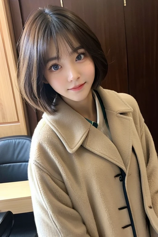 Short-haired Neiwan college student wearing a coat takes a selfie in the room with beautiful eyes