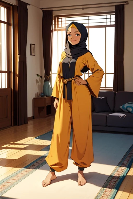 A barefoot, beautiful hijabi woman standing,wearing harempants and a long modest upper garment, in a modern room, looking happy.