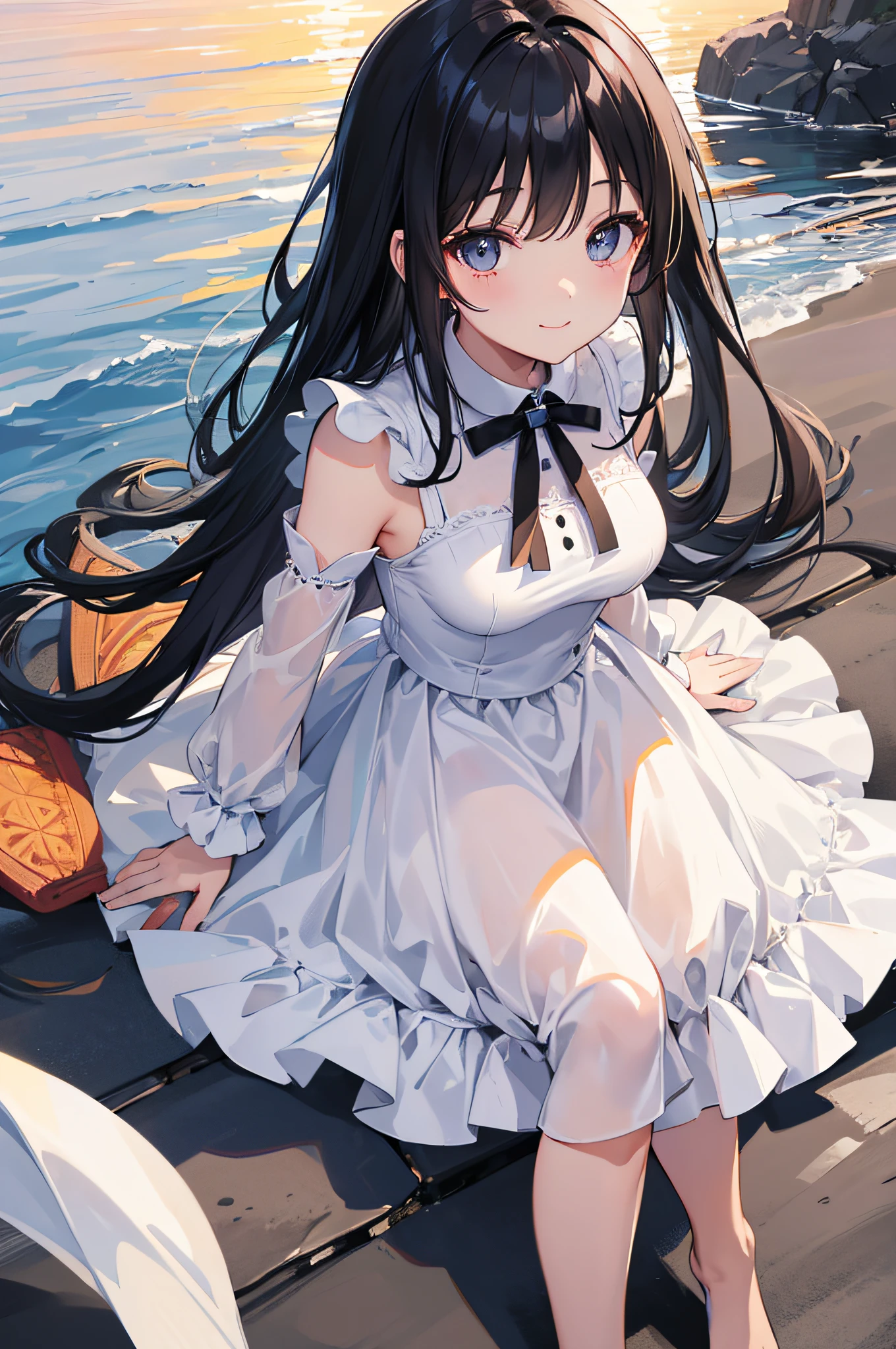 top-quality、Top image quality、White Dress、Long Black Hair、medium breasts、You can see the sunset in the evening、shores、Smiling face、Take a pose、Precise face、Focus on girls