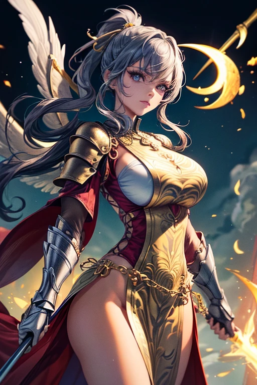 (best quality,4k,highres,masterpiece:1.2), full standing picture, tanned skin, gold eyes, twin ponytails, long eyelashes, big boobs, gold necklace, white feathered wings, gold paladin armour, holding a staff. long dress