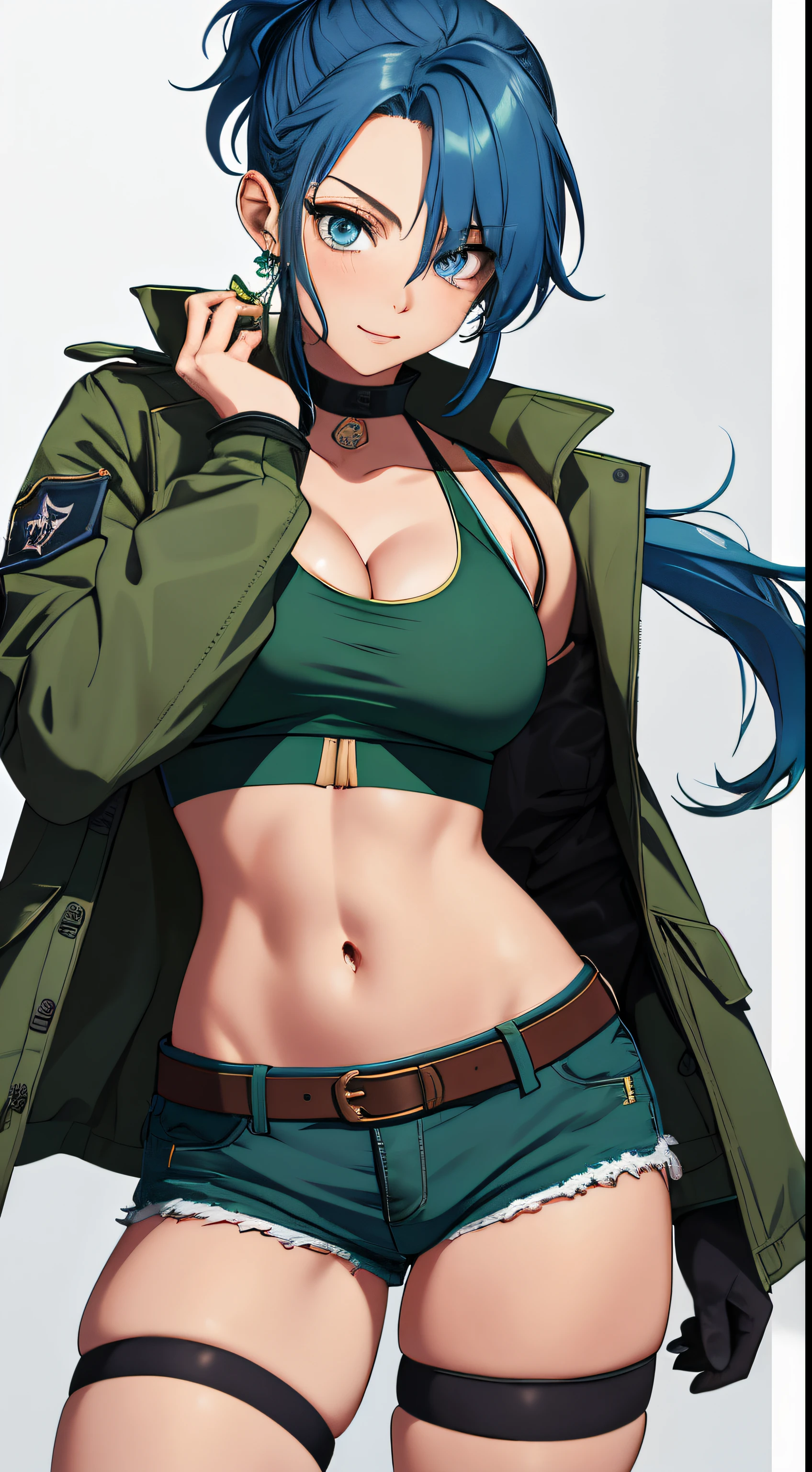 tmasterpiece,, Best quality at best, A high resolution, 1girll, Leona Hydorn, Blue hair, eBlue eyes, pony tails, green shorts, cleavage，hason, Crop top, Black gloves, nedium breasts, army suit, Green jacket, 耳Nipple Ring, jewelry, nabel, musculature, cow boy shot，