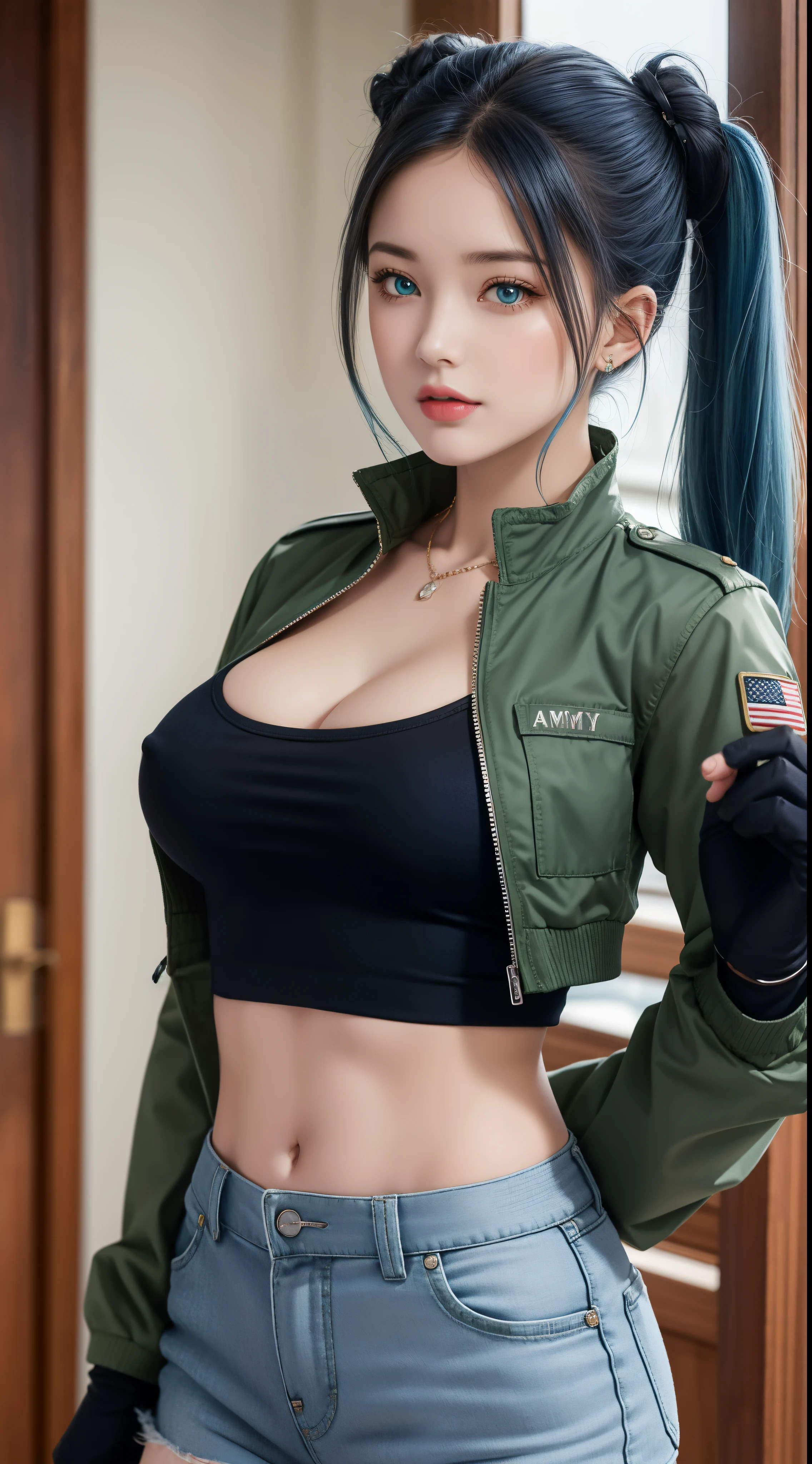 tmasterpiece,, Best quality at best, A high resolution, 1girll, Leona Hydorn, Blue hair, eBlue eyes, pony tails, green shorts, cleavage，hason, Crop top, Black gloves, nedium breasts, army suit, Green jacket, 耳Nipple Ring, jewelry, nabel, musculature, cow boy shot，