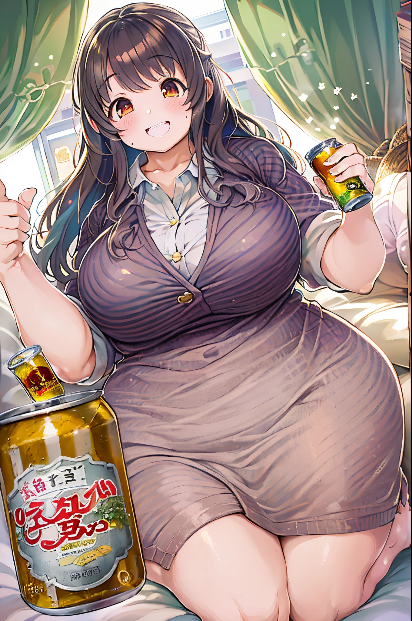 masutepiece, Best Quality, 1人、huge-breasted、bbw、Holding (canned liquor)1.5、Thumbs up、huge smile