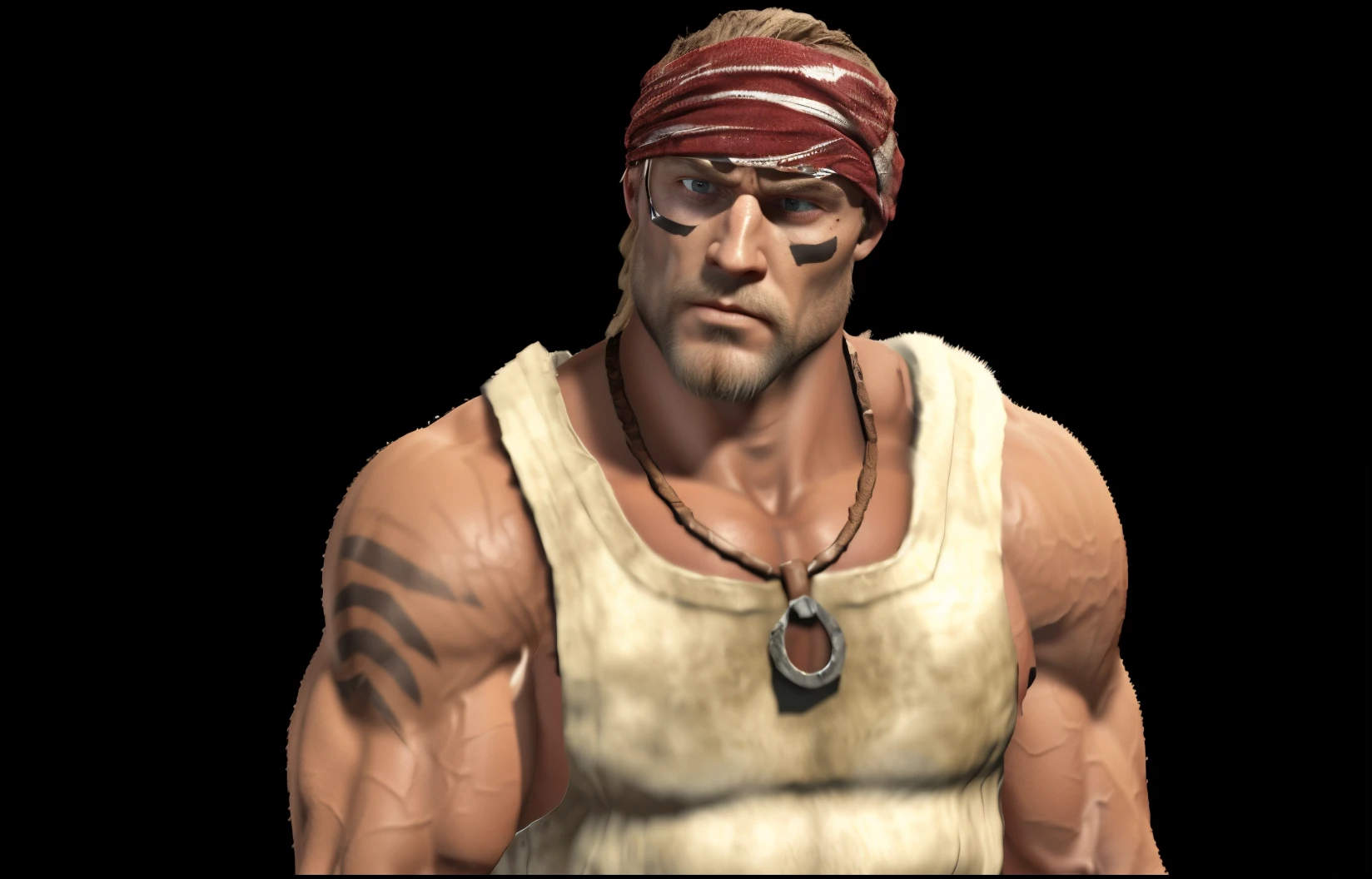 a close up of a man with a red bandana on his head, technoviking male with no shirt, buff man, heavy looking, muscular character, as a character in tekken, arnold maya render, male character, bald male swashbuckler, goro from mortal kombat, picture of an adult male warrior, buff painting, sam hyde in god of war 4
