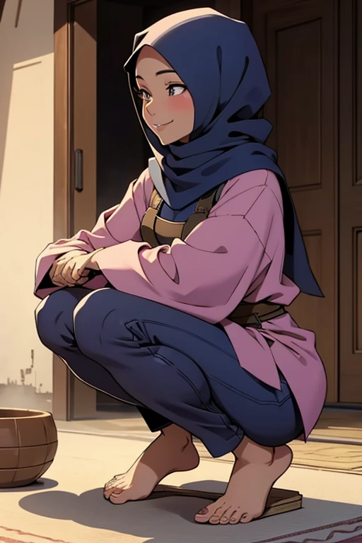 A barefoot, beautiful hijabi woman squatting,wearing long modest clothes, looking happy.