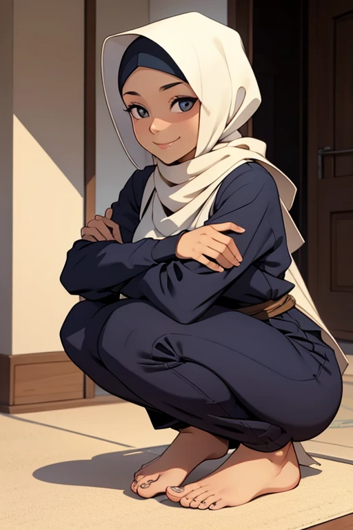 A barefoot, beautiful hijabi woman squatting,wearing long modest clothes, looking happy.