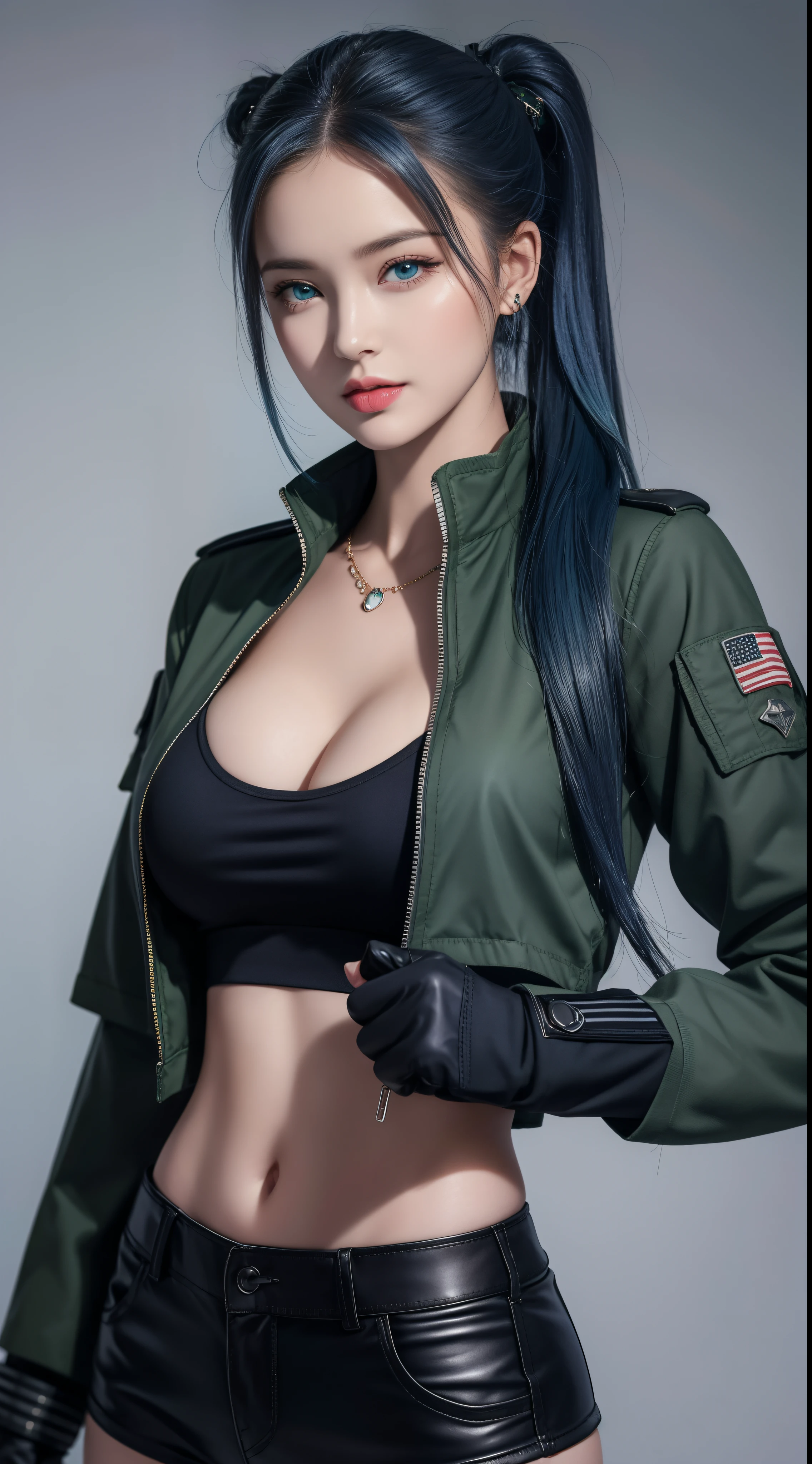 tmasterpiece,, Best quality at best, A high resolution, 1girll, Leona Hydorn, Blue hair, eBlue eyes, pony tails, green shorts, cleavage,hason, Crop top, Black gloves, nedium breasts, army suit, Green jacket, 耳Nipple Ring, jewelry, nabel, musculature, cow boy shot,
