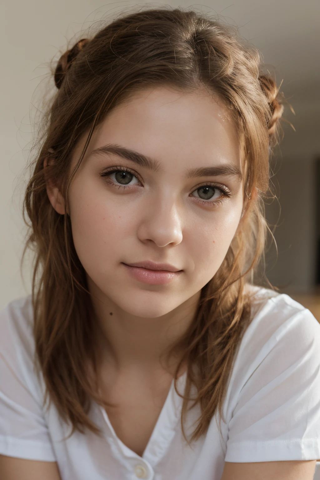 On the table、highest quality、A high resolution、Eleonora Pavinato, 13 year old, Young headshot in the room sweeter z dużym dekoltem beautiful girl blonde bun hair oczami sekswina, sendada nlakama，Wear a white shirt，Work photos，frontage，closeup of face