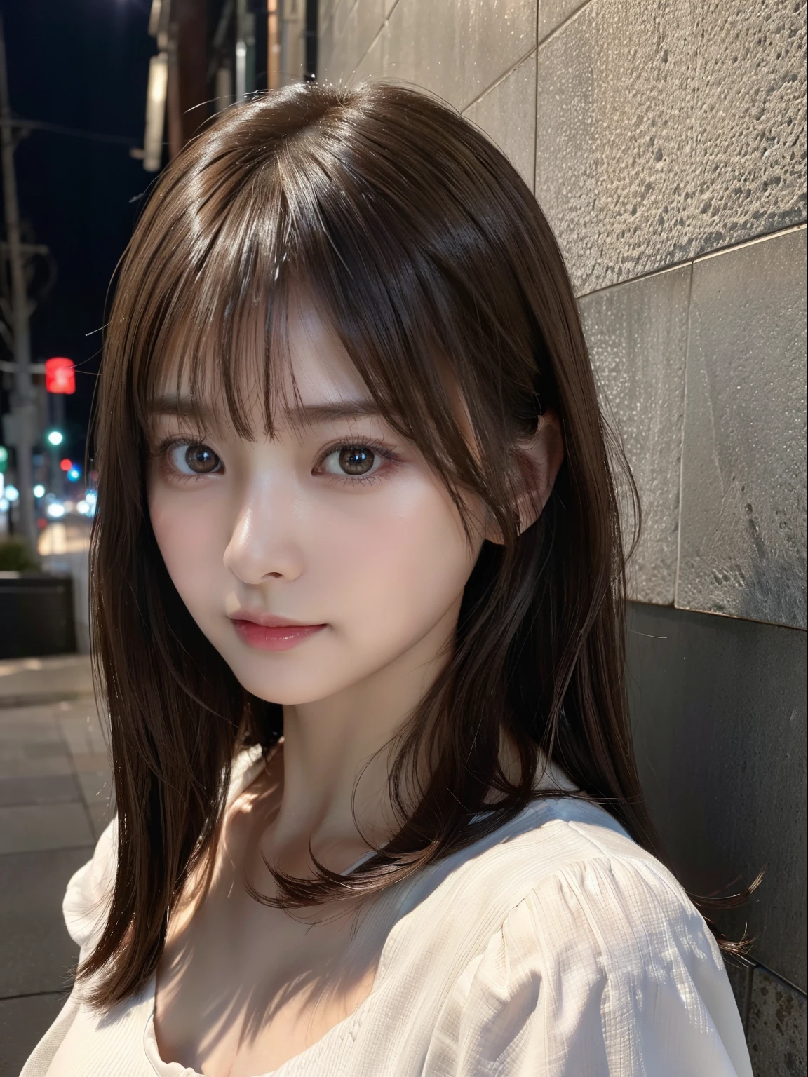 ​masterpiece、1 beautiful girl、A detailed eye、Puffy eyes、top-quality, 超A high resolution, (Realisticity: 1.4), cinematlic lighting、japanes、Asian Beauty、Korea person、Super beauty、Beautiful skin、A slender、The body is facing forward、(A hyper-realistic)、(hight resolution)、(8K)、(ighly detailed)、(Best Illustration)、(beautifully detailed eyes)、(ultra-detailliert)、 (wall-paper)、A detailed face、Bright lighting、profetional lighting、looking at viewert、Facing straight ahead、The costume is a clean light gray shirt and dress..、oblique bangs、nighttime scene、brown haired、nogizaka４６、