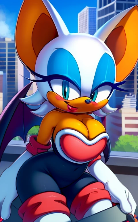 rouge the bat,masterpiece,best quality,1girl,solo,furry,blue eyeliner,cleavage,bat wings,bodysuit,white gloves,heart,dynamic angle,smile,red lipstick,blush,looking at viewer,city background,2D illustration