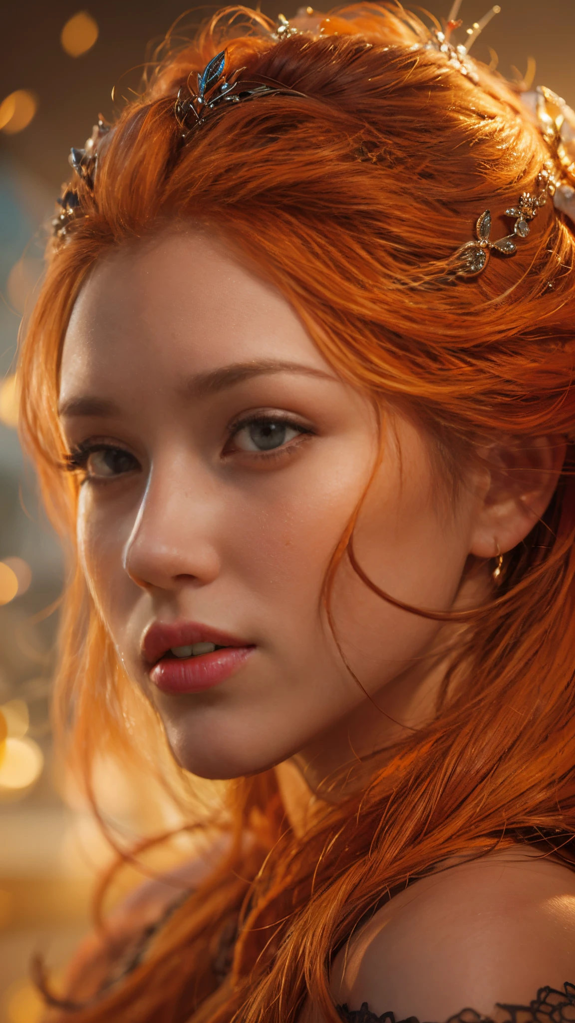 HDR 10, beautiful girl, detailed eyes, detailed lips, very long hair, orange hair, ultra detailed texture, water drops, outdoors, game of thrones, orange heavy dress, (high detailed orange dress:1.5), lace, loops, soft lighting, csitting, I want to commission a drawing of a young and powerful version of Od Ana. Please detail the facial features of a young woman, with a distinct jawline, prominent cheekbones, and a graceful nose. Add fiery red hair resembling flames, symbolizing youth and energy. Design a portrait with her eyes expressing desire and power, yet still carrying a protective aura. Avoid explicit details or sexual content, and create a portrait that emphasizes youth and vigor." goddess,, have a crown on her head, on sky