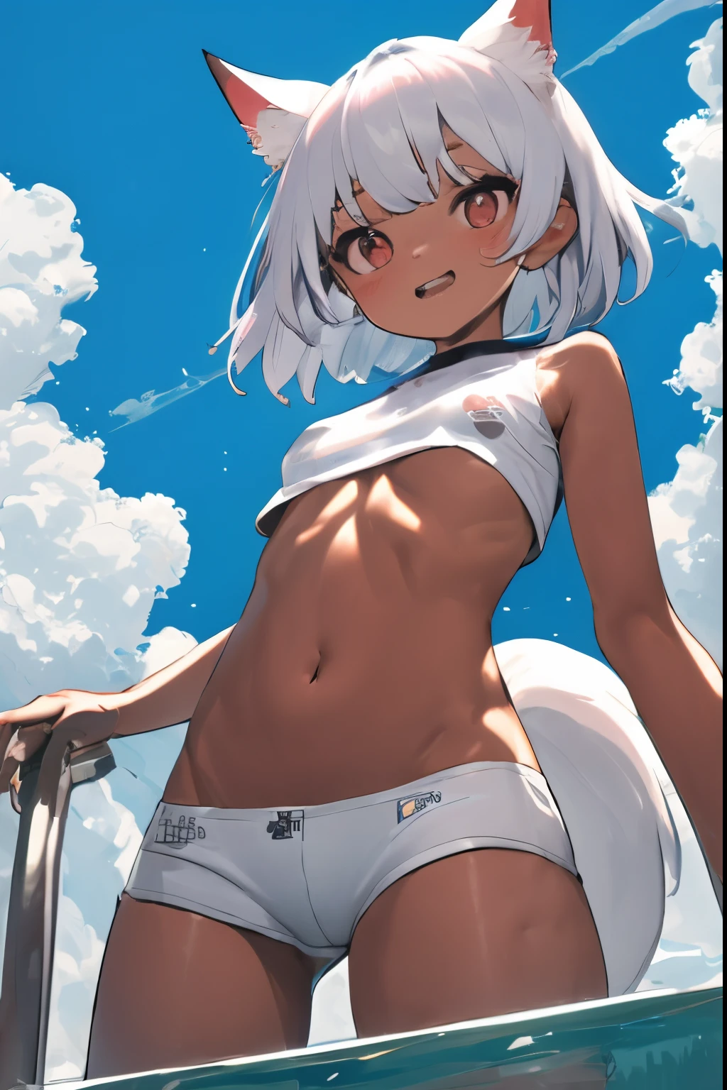 (Best Quality), (masutepiece), (super detailed), 1girl, MESUGAKI, Sharp Focus, eyesgod, up looking_viewer, animal ears, animal white tail, small underboob, Naked stomach, From below, Navy blue hair, Purplish red eyes, Thick eyebrows, Baby face, open mouth, double teeth, short cut hair, white and wet T-shirt,white hot pants, pool side, water splash, wet skin, thighs, dark brown skin, suntan lines, blue sky, white cloud