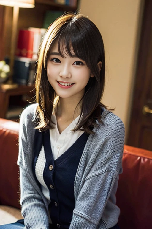 (8K、Raw photography、top-quality、masterpiece:1.2)、(realisitic、Photorealsitic:1.37)、ultra-detailliert、超A high resolution、1人、see the beholder、beautifull detailed face、A smile、Constriction、(Slim waist) :1.3)、Beautiful detailed skin、Skin Texture、Floating hair、Professional Lighting、Whole human body、Longhaire、a blond、japanese hight school uniform、hi-school girl、Sitting on the couch、Red ribbons、Bob Hair、Happy smile、Childish smile、Suppin、Dark blue cardigan