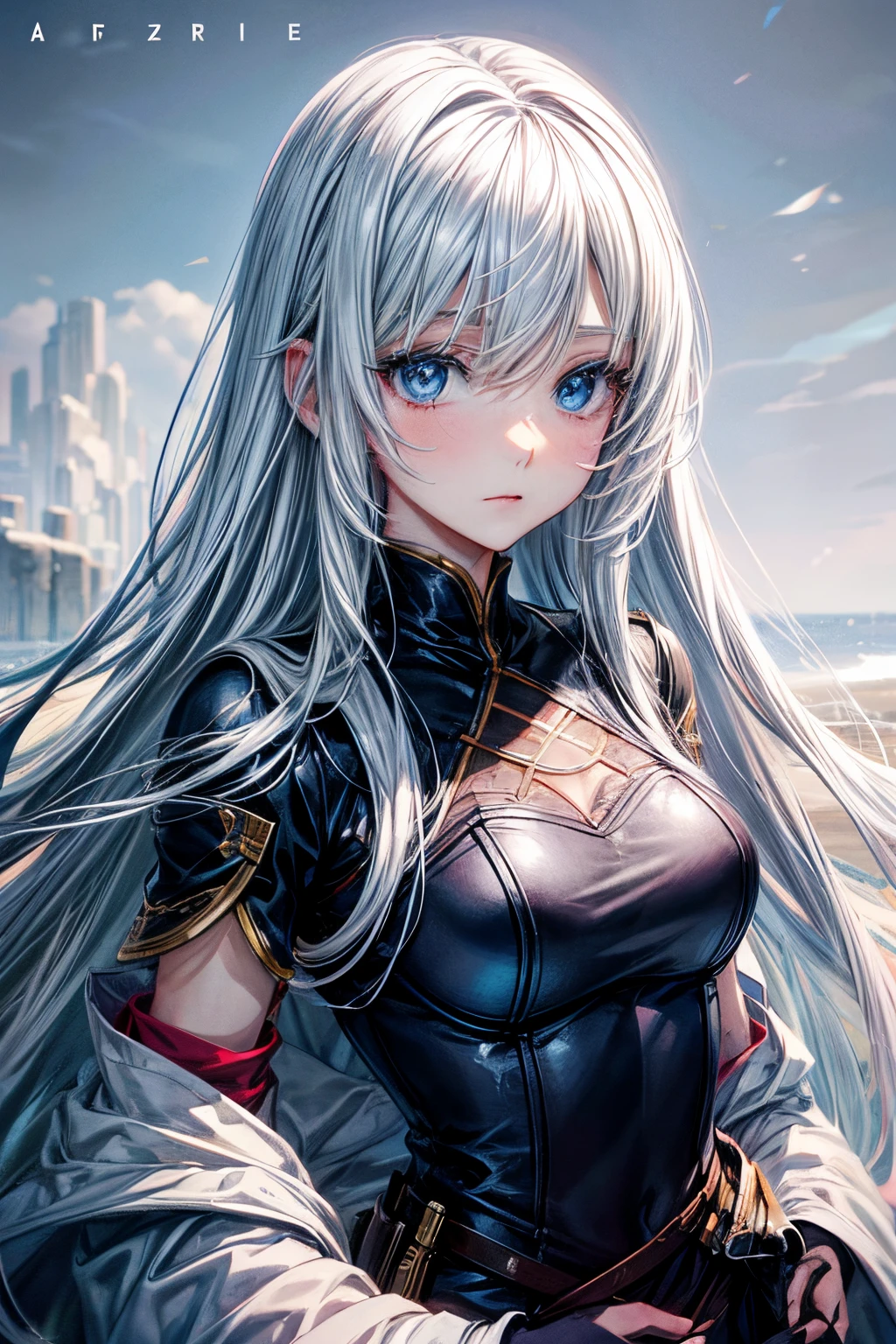 Cover magazine, anime, young woman, solo, long hair, white hair, blue eyes, model, beautiful, half body potrait, fantasy, ice