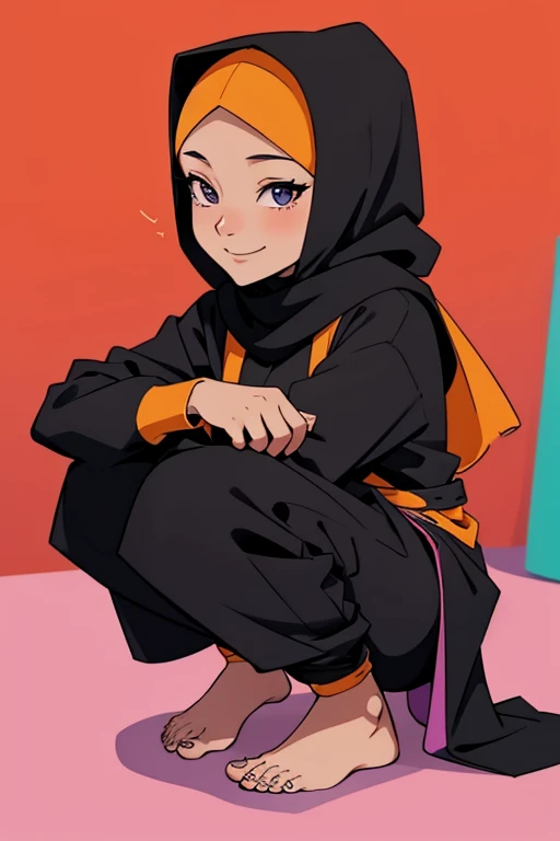 A barefoot, beautiful hijabi woman squatting,wearing a black hijab and colorful long modest clothes, looking happy.