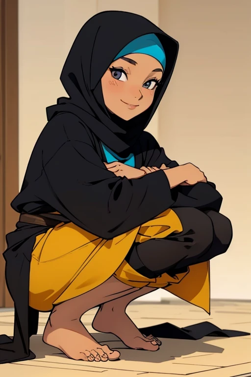 A barefoot, beautiful hijabi woman squatting,wearing a black hijab and colorful long  modest clothes, looking happy.