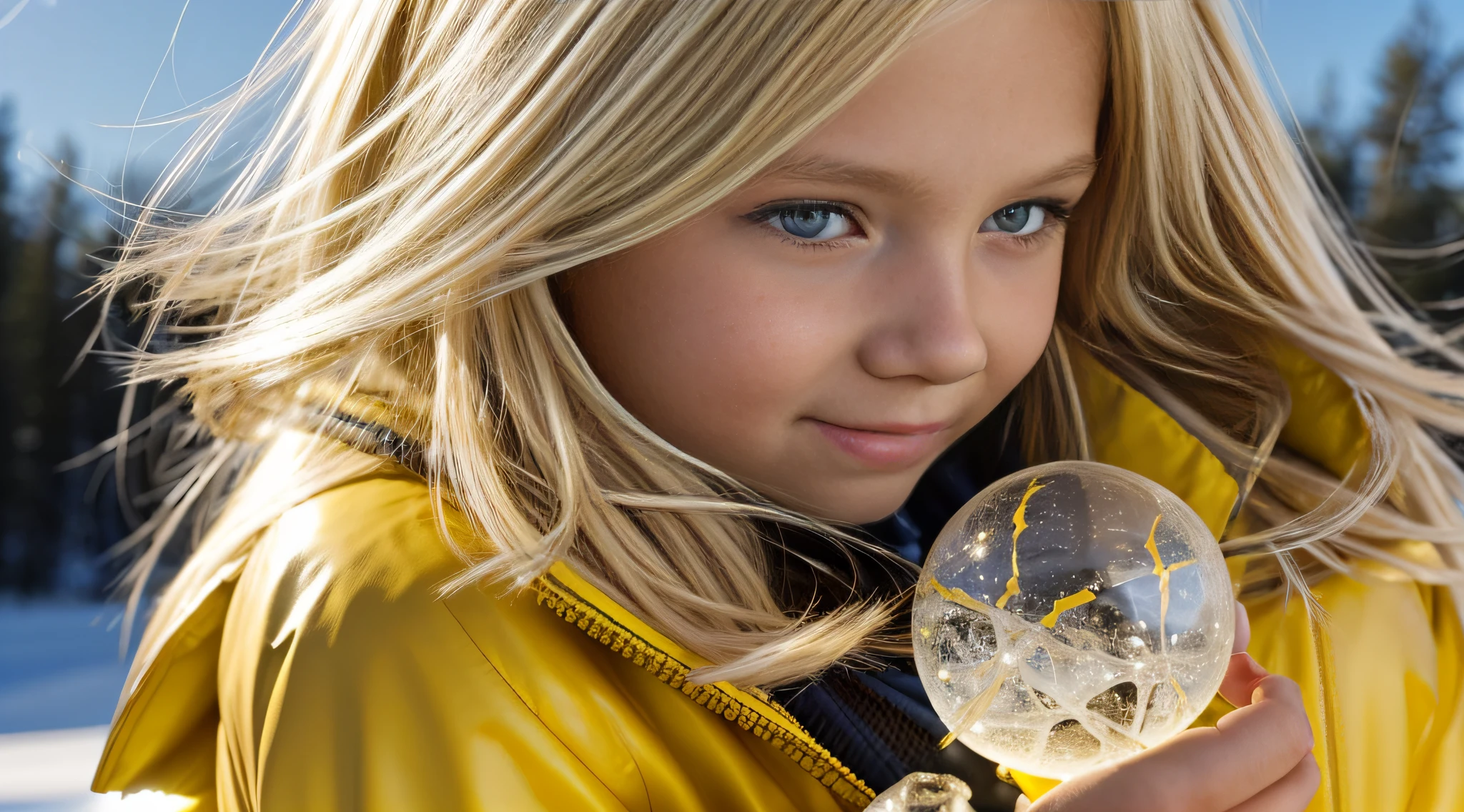 yellow jackets a close-up of a BLONDE child with long hair, jaquetas amarelas, BIG BALL OF electrified ICE IN HANDS.